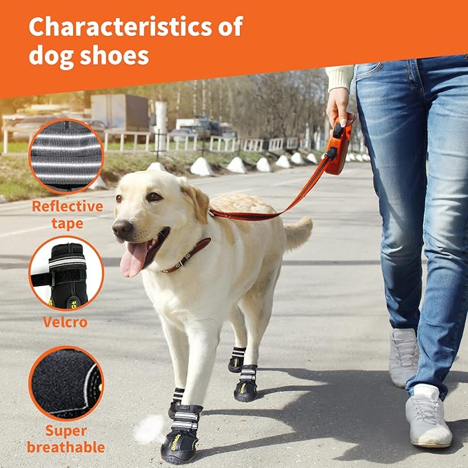 DcOaGt Dog Shoes for Large Dogs, Anti-Slip Dog Boots & Paw Protectors for Hot Pavement Summer Snow Hiking Walking, Waterproof Breathable and Reflective Dog Booties for Large Size Dogs 4PCS
