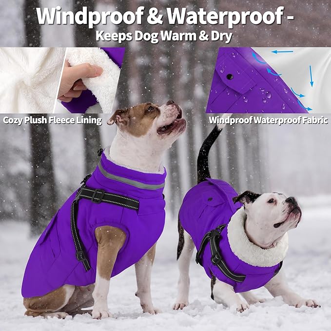 Dogcheer Dog Coat with Harness, Waterproof Warm Dog Winter Jacket with Pockets, Reflective Pet Fleece Jacket Turtleneck Snowsuit for Small Medium Large Dogs - Purple, XS