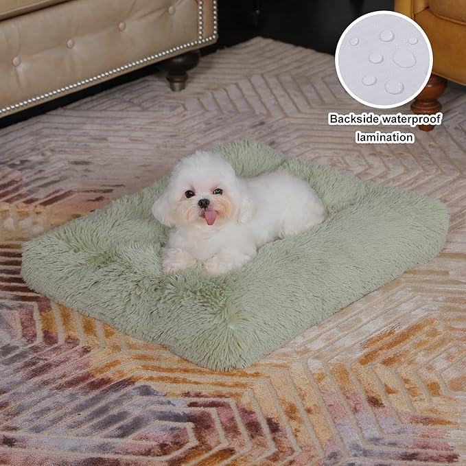 Bedfolks Plush Waterproof Dog Crate Pad, Removable Cover,Faux Fur Dog & Cat Bed, Washable Kennel Bed 21"x13",Sage Green