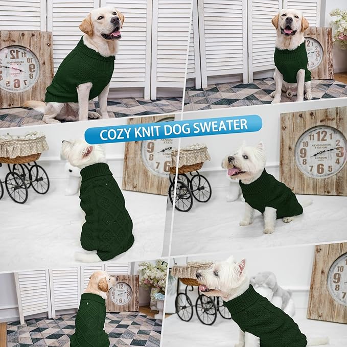 Mihachi Turtleneck Dog Sweater - Winter Coat Apparel Classic Cable Knit Clothes with Leash Hole for Cold Weather, Ideal Gift for Pet in New Year Army Green Large
