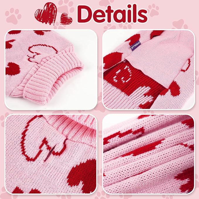 cyeollo Valentines Day Dog Sweater with Leash Hole Pullover Turtleneck Heart Pattern Holiday Theme Dog Clothes Pet Apparel for Small Dogs Pink