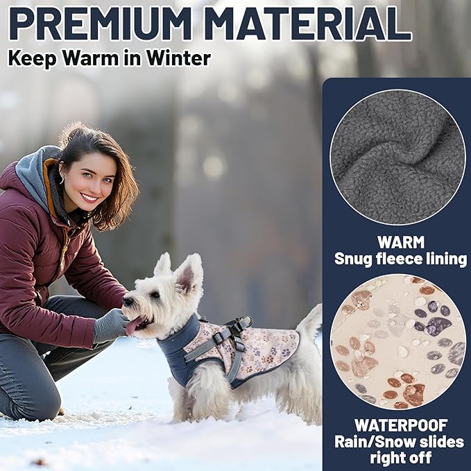 Dog Winter Coat for Small & Medium Dogs (Up to 31lb), Waterproof Dog Coat with Harness, Puppies Windproof Puppy Puffer Jacket, Snowsuit for Dachshund,Frenchie, Corgi (Paw Blue, Large)