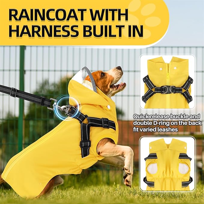 SlowTon Dog Raincoat Waterproof - Dog Rain Jacket with Harness and Hood Lightweight, Reflective Dogs Rain Coat for Large Medium Small Dogs Girl Boy Puppy Poncho Pet Clothes (Yellow, XL)