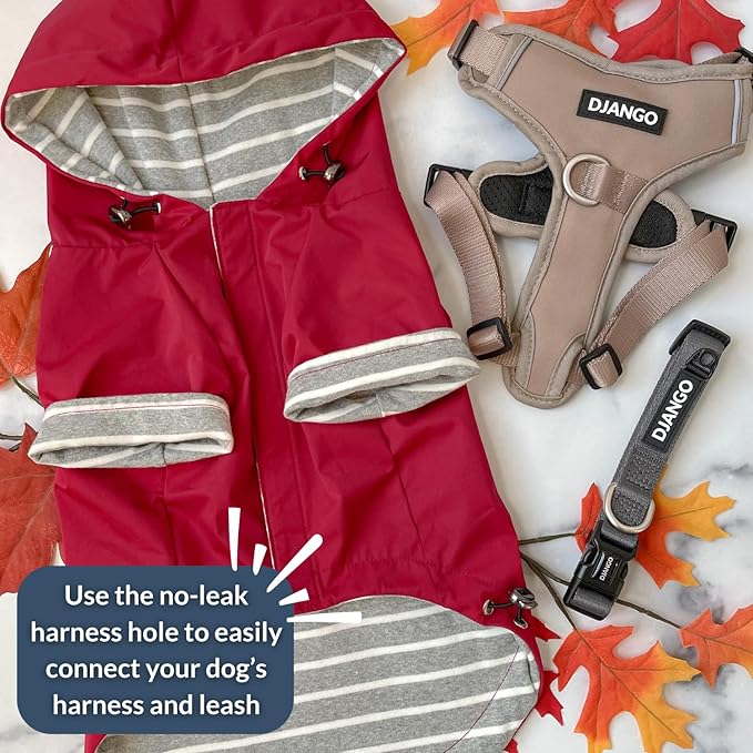 DJANGO Highland Dog Jacket & Raincoat – Water-Repellent, Lined Dog Coat with Hood, Adjustable Fit & Harness Hole – Lightweight Rain & Wind Jacket for Small & Medium Dogs up to 30 lbs (Red, Large)