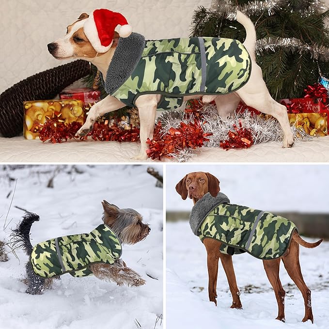 Dogcheer Warm Dog Coat, Waterproof Dog Jacket Reflective Adjustable Puppy Winter Coat with Buckle, Christmas Pet Snow Jacket Turtleneck Fleece Sweater for Small Medium Large Dogs- Camo Green, S
