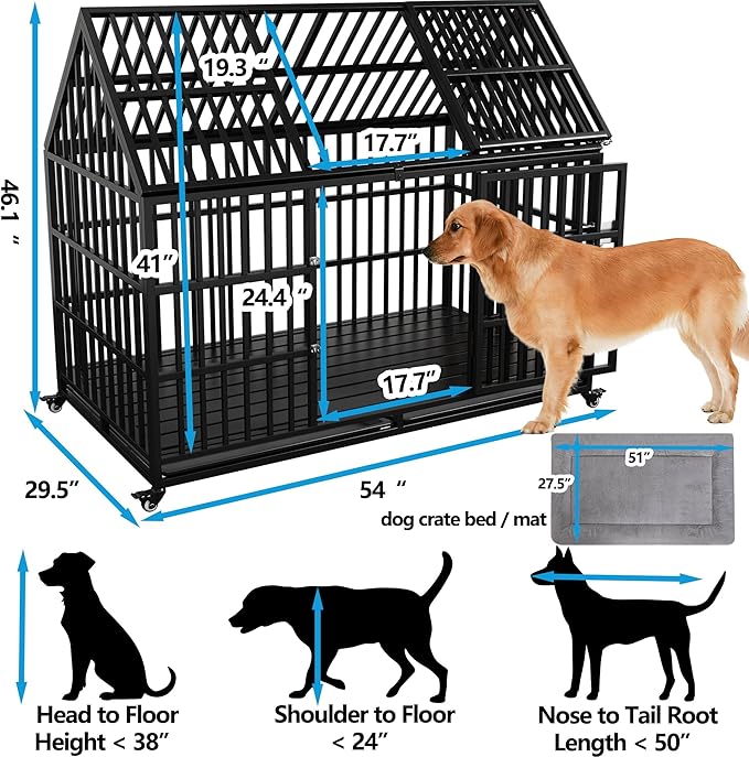 Heavy Duty Dog Crate 54 inch with Mat XL Large Pet Dog Cage Crate Kennel with Roof Top 2 Doors Removable Trays, Lockable Wheels Escape-Proof for High Anxiety Dogs (Black, 54 inch)
