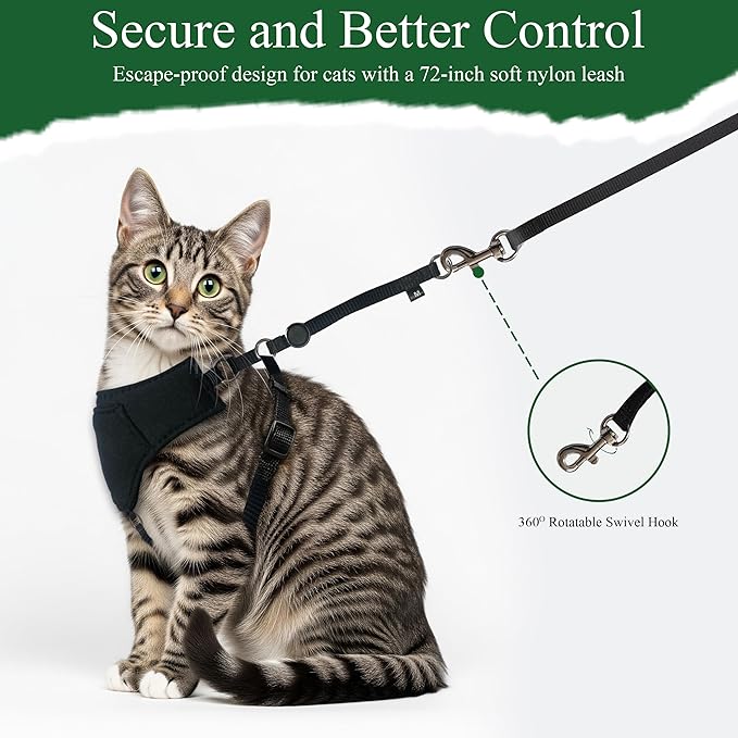 A1HC Escape Proof Cat Harness and Leash - Soft Adjustable Vest, Comfortable Mesh and Long Strips with Air Tag Pocket, Easy Control, Safe Walking Harness for Cats & Kittens - Black (Medium)