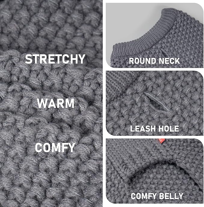 KYEESE Dog Sweater with Leash Hole Warm Pullover with Reflective Yarn for Small and Medium Dogs Male Soft Knit Pullover Boy Dog Coats Cozy Lightweight Thick Sweater,Grey,Medium