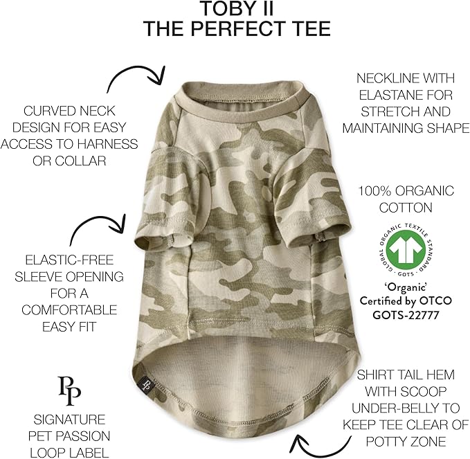 Toby II - The Perfect Tee, 3 Pack Short Sleeve Pet T-Shirt 100% Organic Cotton Tees Clothes for Small, Medium, Large Dogs, Sage Camo, X-Small