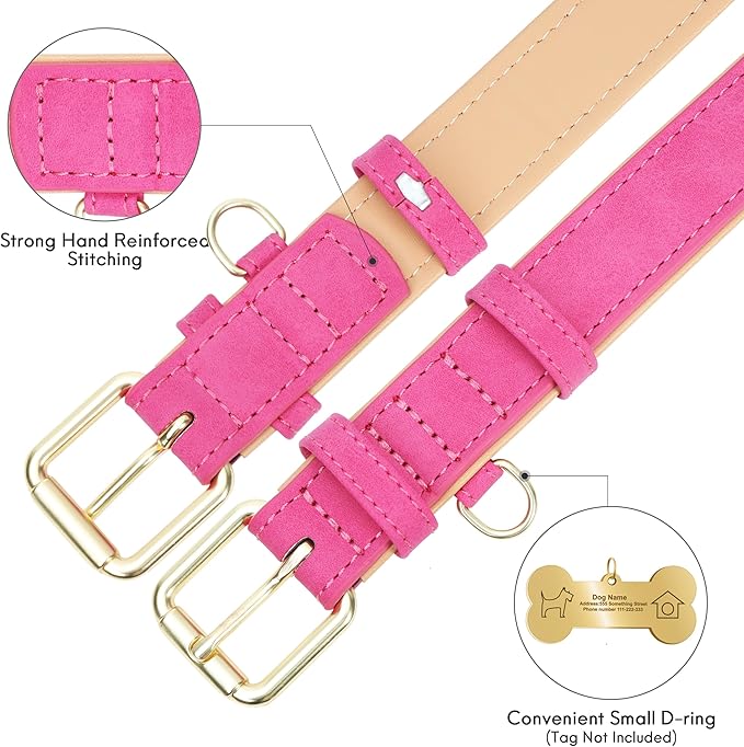 Leather Dog Collar for Small Medium Large Dogs, Soft Padded Dog Leather Collar with Heavy Duty Gold Buckle, Durable & Comfortable for Medium Dogs Daily Walking (Hot Pink, M)