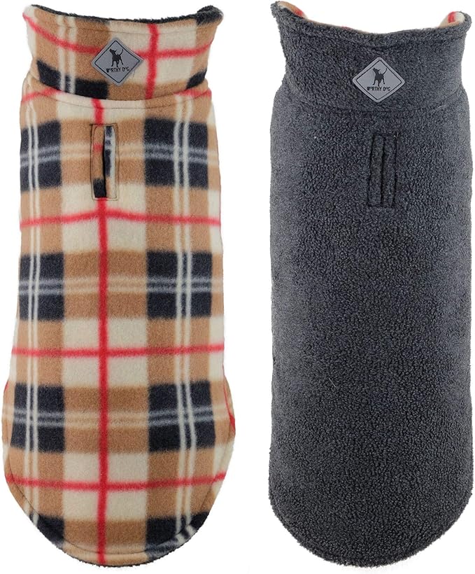 The Worthy Dog Fargo Fleece Plaid Dog Jacket, Adjustable Reversible with Harness Hole, Wind-Resistant, Winter Outdoor Clothes for Pets, Tan - 14''