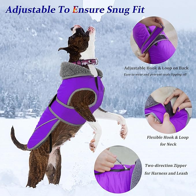 Dogcheer Dog Coat, Waterproof Dog Jacket Reflective Pet Winter Coat with Adjustable Hook & Loop, Christmas Puppy Fleece Jacket Warm Turtleneck Snowsuit for Small Medium Large Dogs - Purple, S