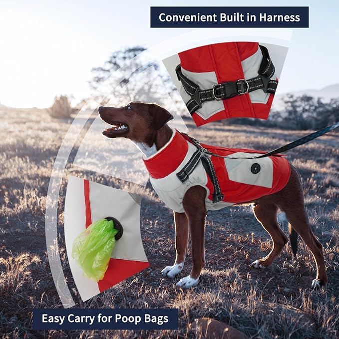 IECOii Dog Jacket Winter Harness Built in -Red,XXXLarge- Zip Up Dog Coat Winter Clothes for Large Dogs Waterproof, Dogs Snowsuit Snow Jacket D-Rring Labrador German Shepherd Doberman Rottweiler