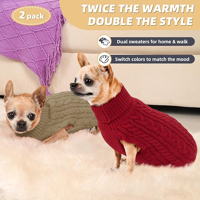 2 Pack Dog Sweaters for Small Dogs Turtleneck Pullover Cable Knit Puppy Stretch Clothes Chihuahua Yorkie Pomeranian Toy Poodle Boy Girl Pets Winter Doggie Clothes (S, Red & Brown)