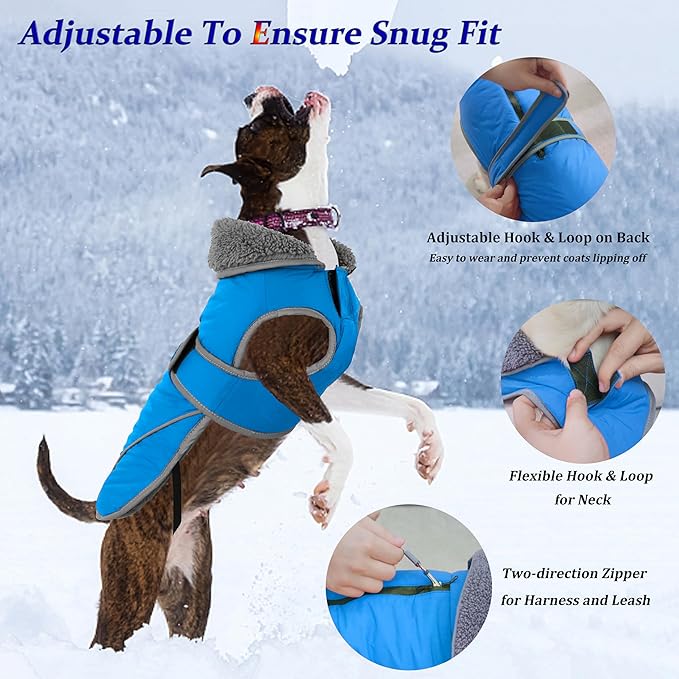 Dogcheer Dog Coat, Waterproof Dog Jacket Reflective Pet Winter Coat with Adjustable Hook & Loop, Christmas Puppy Fleece Jacket Warm Turtleneck Snowsuit for Small Medium Large Dogs - Sky Blue, XL