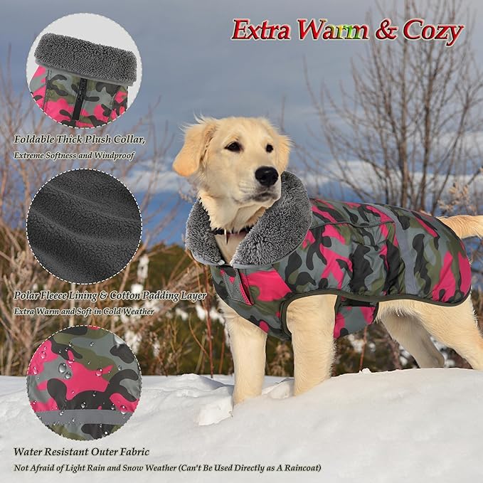 Dogcheer Warm Dog Coat, Waterproof Dog Jacket Reflective Adjustable Puppy Winter Coat with Buckle, Christmas Pet Snow Jacket Turtleneck Fleece Sweater for Small Medium Large Dogs - Camo Pink, L