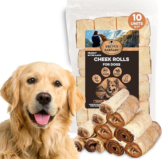 Premium Beef Cheek Rolls for Dogs 5-7" - (10-Pack), Peanut Butter Flavored Long Lasting, Safe & Natural Rawhide Alternative Chews, Ideal for Large Dogs & Aggressive Chewers, Supports Dental Health