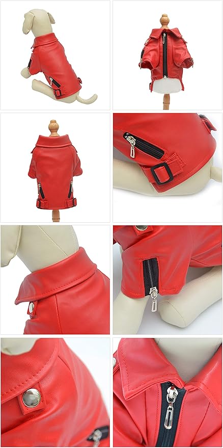 Lovelonglong Cool Dog Leather Jacket, Warm Coats Dogs Windproof Cold Weather Coats for Large Medium Small Dogs, Boston Terrier Clothing Red XXL