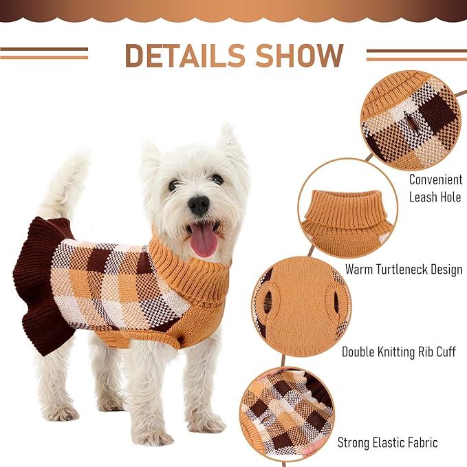 Dog Sweater Dress Plaid Knitwear for Small Medium Dogs Warm Puppy Pet Turtleneck Stretch Pullover Cute Fall Winter Vest Clothes with Leash Hole for Christmas (Coffee, M)