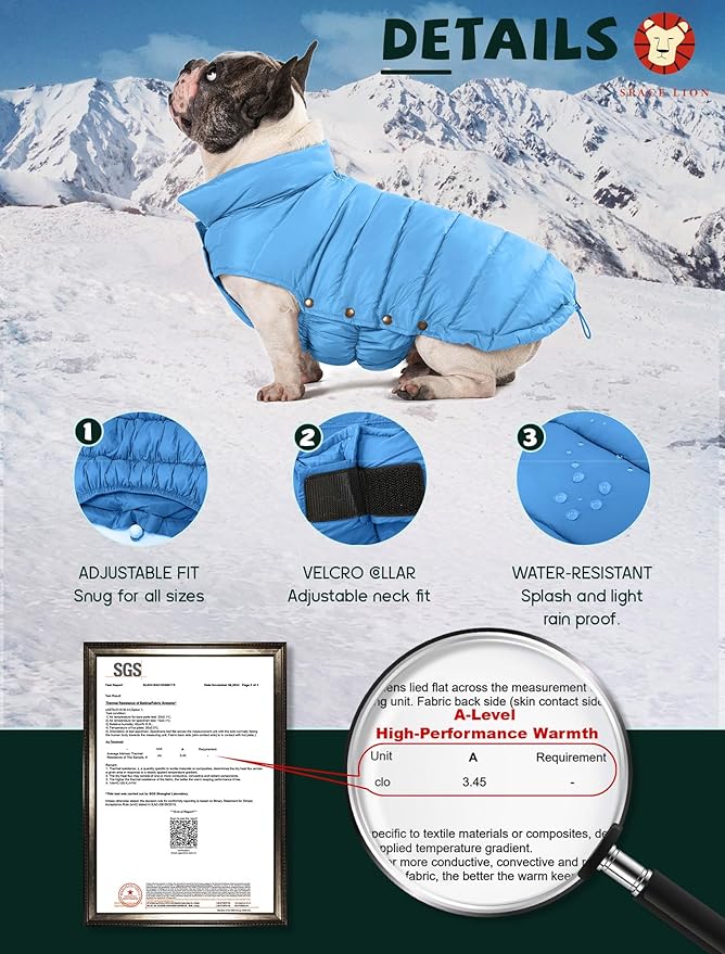 SPACE LION Dog Puffer Jacket, Down Winter Coat, Durable Outdoor Coat for Cold and Windy Conditions, Waterproof, Lightweight Jacket, Adjustable Fit for Small, Medium, Large Dogs(Blue,12/M)