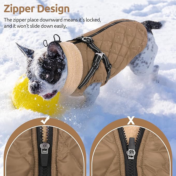 Queenmore Dog Coats for Large Dogs, Dog Jacket, Warm Fleece Winter DogCoat with Harness Built in, Back Zipper Pet Jacket for Large Breeds, Thick Fleece Lining Pet Snowsuit, Brown 2XL