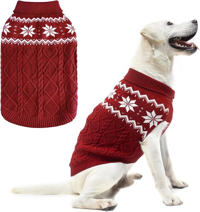 Warm Winter Pink Dog Sweater - Cold Weather Pet Clothes for Small Medium Large Dogs Indoor Outdoor, Soft Classic Knit Puppy Apparel Coat, Dark Red, L