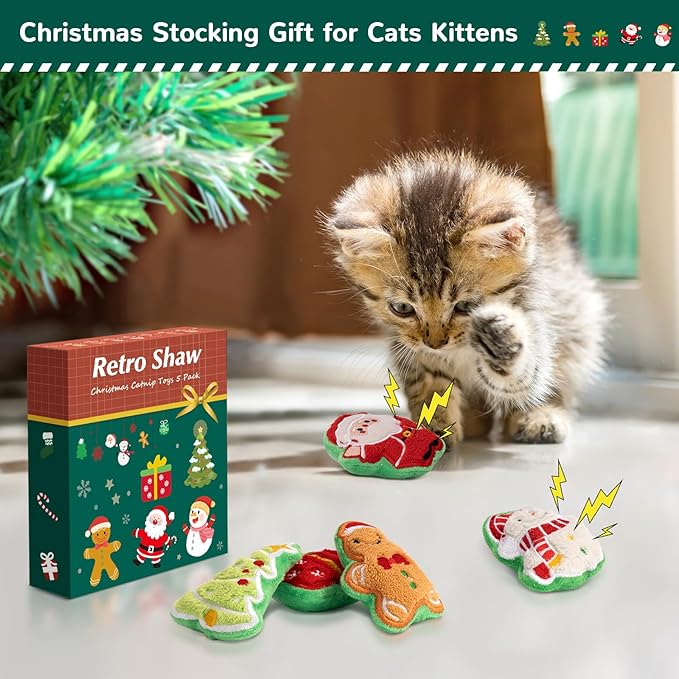 Retro Shaw 5Pcs Christmas Catnip Toys, Crinkle Sound Cat Toys for Indoor Kittens Kitty, Fun Cat Gift Interactive Cat Nip Kicker Teeth Cleaning Pet Toy for All Breeds