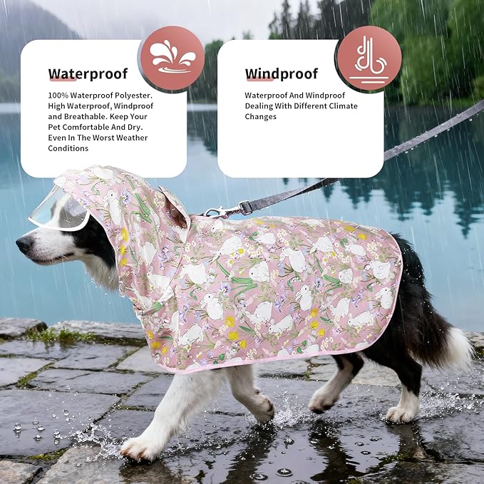 Dog Raincoat, Waterproof Windproof Dog Rain Jacket with Hood, Rain Coat with Leash Hole, Adjustable Raincoat Poncho for Small Medium Large Dogs Outdoor (Pink, Medium)