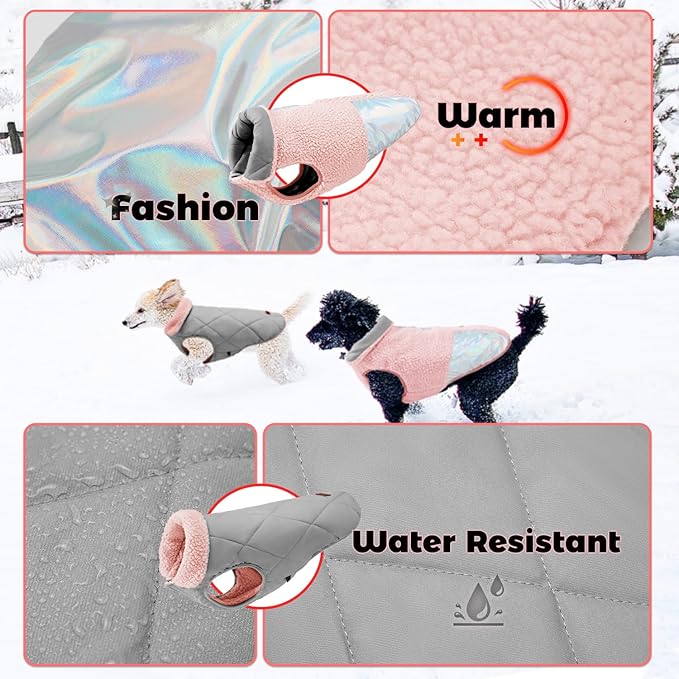 EMUST Warm Dog Jacket, Cozy Dog Fleece Coat with Leash Hole, Waterproof Reversible Winter Coats for Small Dogs, Pink, XS