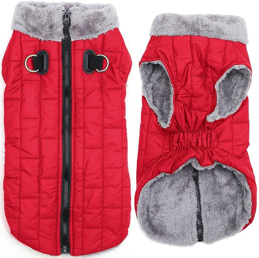Warm Fleece Dog Coats with Durable Harness Buitl in D-Ring,Waterproof Puppy Jacket for Small Dogs,Dog Vest for Cold Winter,Red XS