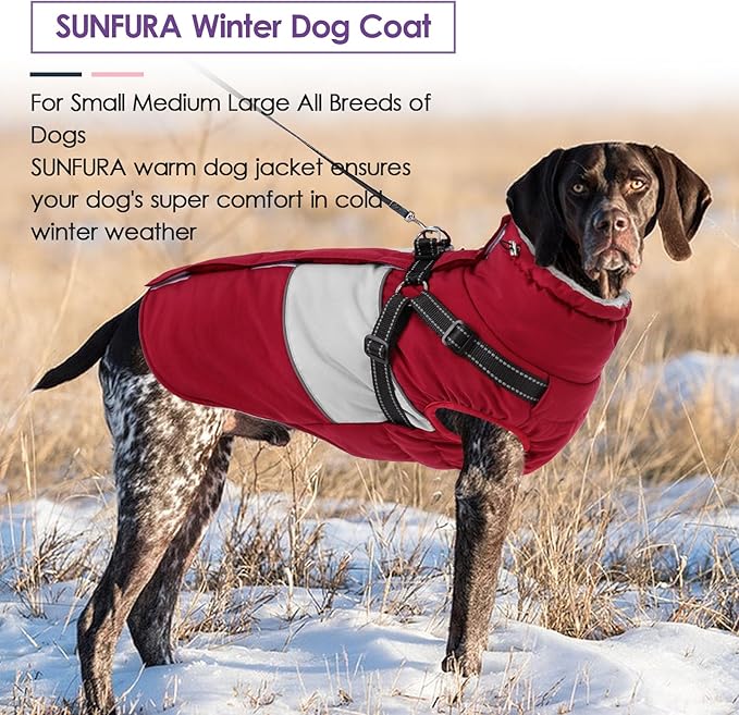 SUNFURA Dog Coat, XXXL Dog Jacket Winter with Harness Built in, Waterproof Pet Snow Jacket with Furry Collar for Chilly Day, Reflective Fleece Snowsuit for Extra Large Dogs, Burgundy 3XL