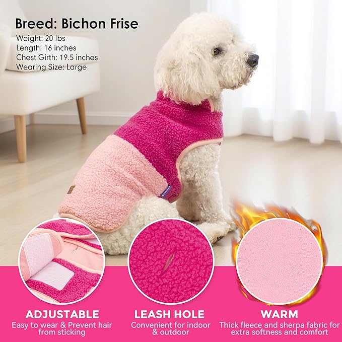 cyeollo Warm Dog Coat Sherpa Dog Winter Coat, Reversible Fleece Dogs Jackets Sweater Vest for Small Dogs Male with Leash Hole, Soft Cold Weather Pet Coats, Rose Red S