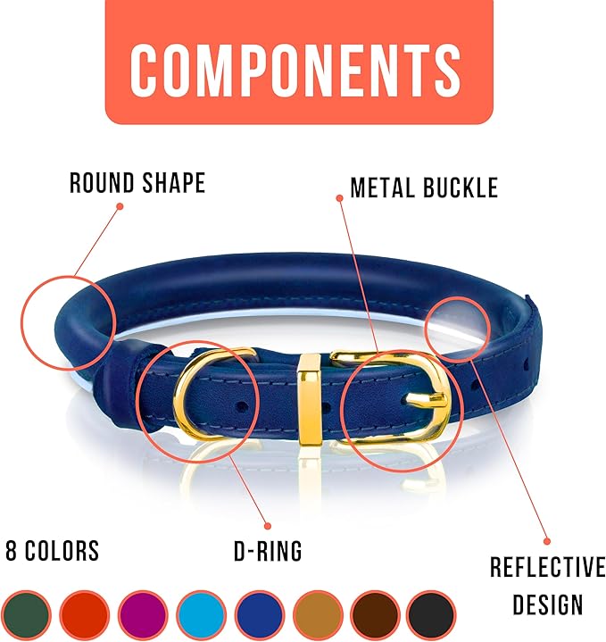 OOPSDOGGY Reflective Rolled Leather Dog Collar Adjustable Soft Padded Pet Collar for Small Medium Large Breed Dogs (Blue, XL, 17"-21")