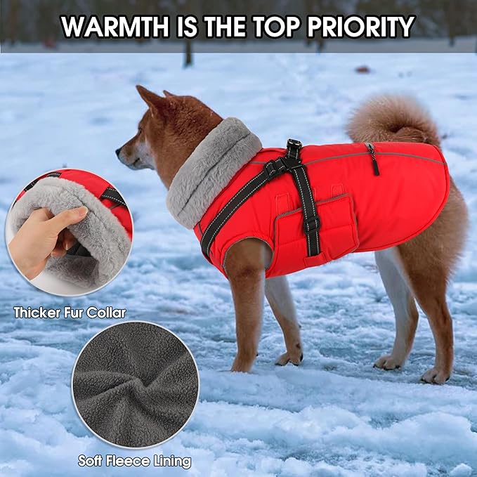 PETDSH Dog Coat Medium, Built-in Harness Dog Jacket with Warm Fleece Lining, Waterproof Reflective Dogs Winter Coat, Pet Coats with Pocket and Trash Bags (Red, Medium)