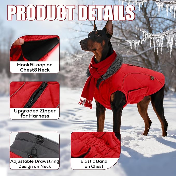 EMUST Dog Jackets for Winter, Cold Weather Coats for Dogs, Soft Winter Jackets for Medium Large Dog, Pet Vest for Small Medium Large Dogs, Red, L