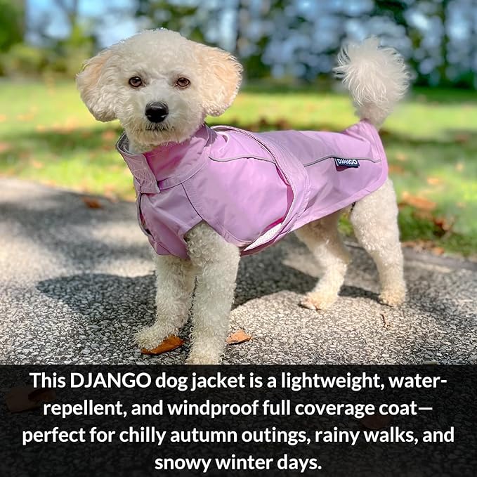 DJANGO Dog Jacket & Raincoat – Lightweight Water-Resistant Coat for Small, Medium, Long Dogs, Dachshunds – Reflective, Adjustable Fit, Harness-Compatible, Easy-Access Harness Hole - Lilac Purple Large