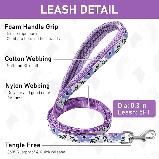 GAMUDA Small Dog Harness Collar and Leash Set, Step in No Chock No Pull Soft Mesh Adjustable Dog Vest Harnesses Plaid Reflective for Dogs Puppy Cats Kitten Rabbit (Purple Flower, L)