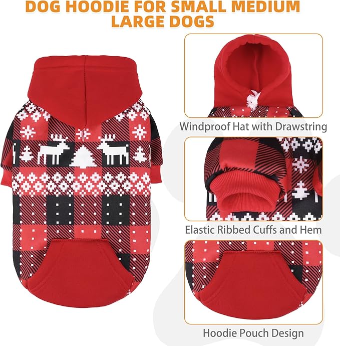 KOOLTAIL Christmas Dog Hoodie,Red Plaid Pet Clothes Sweater with Leash Hole&Pocket for Small Medium Large Dogs, Soft Winter Warm Dog Cold Weather Coat, Fleece Puppy Hooded Sweatshirt for Boys Girls, L