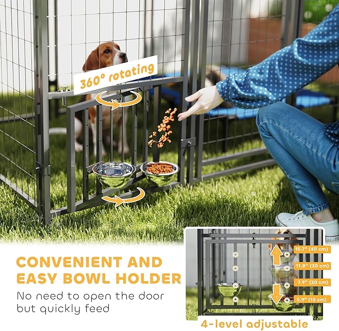PawHut 6' x 4' x 6' Outdoor Dog Kennel, Welded Wire Dog Kennel Outside Run with 360° Rotating & 4 Level Adjustable Bowls, Waterproof & UV Resistant Cover, for S&M Breeds, Chickens, Ducks, Silver