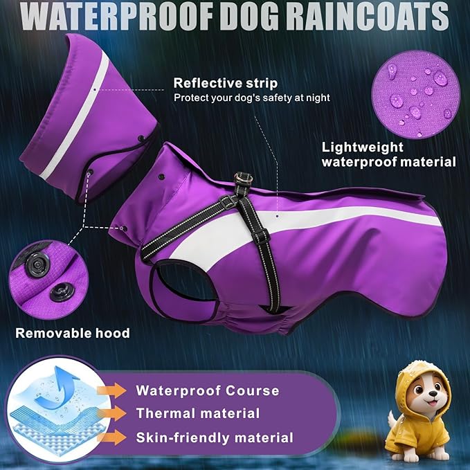 Mosucoirl Dog Raincoat Waterproof Raincoats for Dog Reflective Dogs Rain Jackets with Hood Hoodie Pet Rain Poncho Coat for Small Medium Large Dogs Puppies S-XXL (Purple, XL)