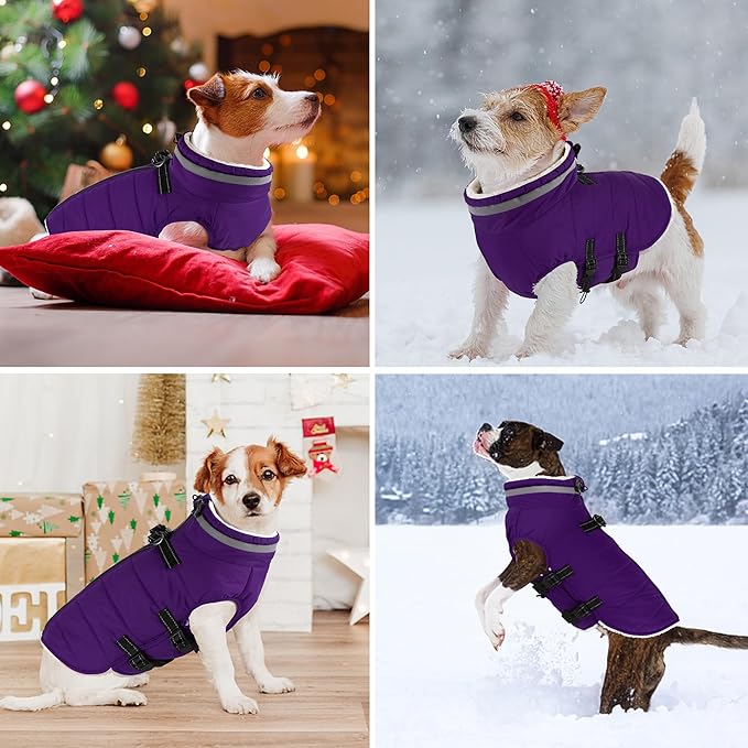 Dogcheer Dog Coat with Harness, Waterproof Dog Jacket Adjustable Pet Winter Coat with Zipper, Christmas Puppy Snow Jacket Fleece Sweater for Small Medium Large Dogs - Purple S
