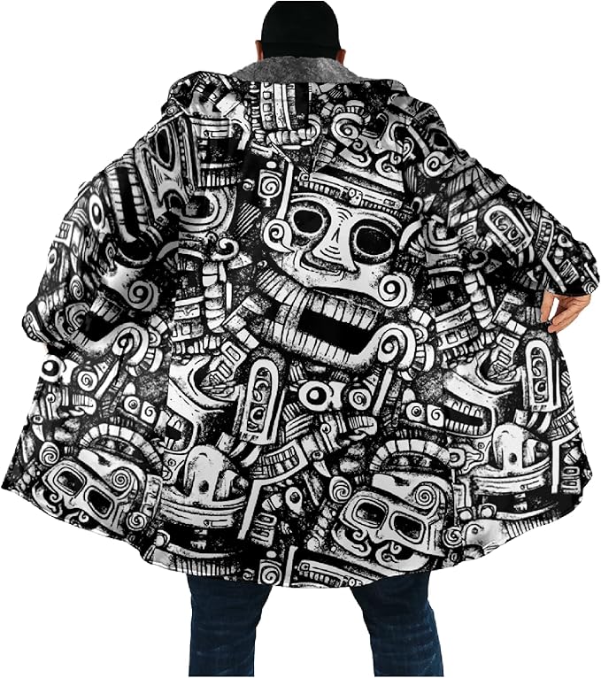 Mens Aztec Print Hoodie Heavyweight Cotton Fleece Jacket Zip Up Warm Long Sleeve Hooded Winter Midi Coat