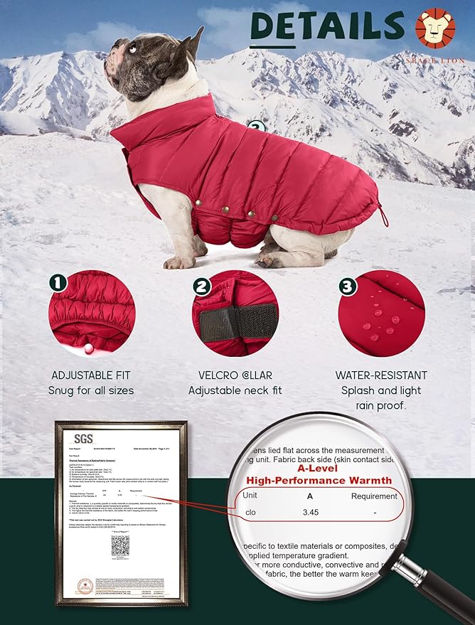 SPACE LION Dog Puffer Jacket, Down Winter Coat, Durable Outdoor Coat for Cold and Windy Conditions, Waterproof, Lightweight Jacket, Adjustable Fit for Small, Medium, Large Dogs(Red,28/4XL)