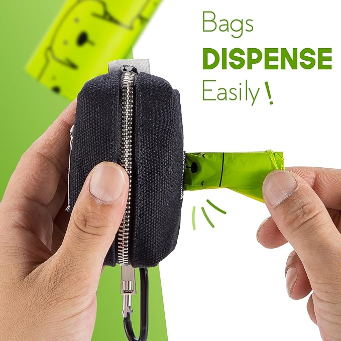 Black Poop Bags Holder - 10% to Charity - Strong Quality Zipper - Virgin Plastic Free - Black Dispenser with Secure Carabiner
