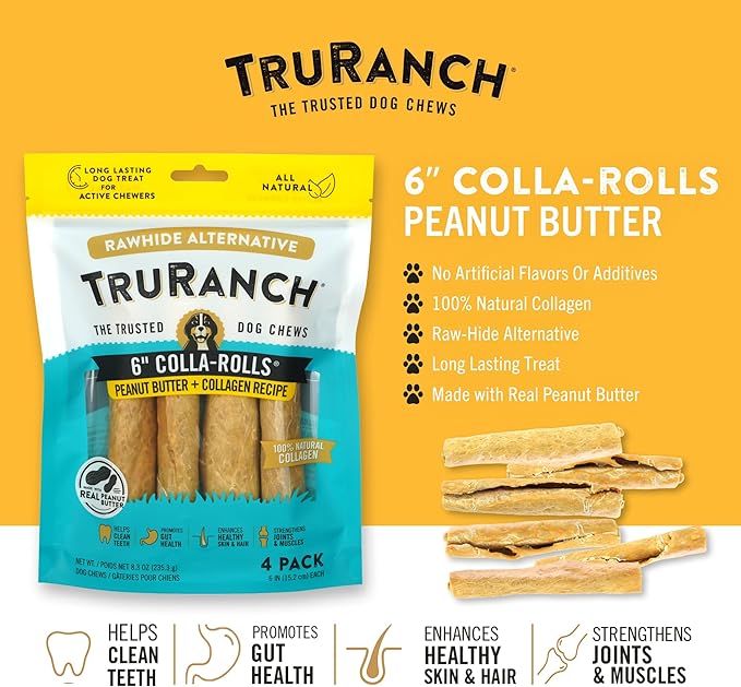 TRURANCH Collagen Rolls - 6" Collagen Rolls for Dogs - Long Lasting Healthy Joint Support - Rawhide Alternative - Skin & Coat Health - Made with Real Peanut Butter, Value Pack, 15 Bags, 60 Count