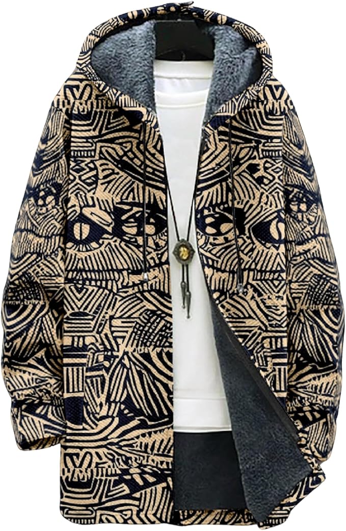 Mens Aztec Print Hoodie Heavyweight Cotton Fleece Jacket Zip Up Warm Long Sleeve Hooded Winter Midi Coat