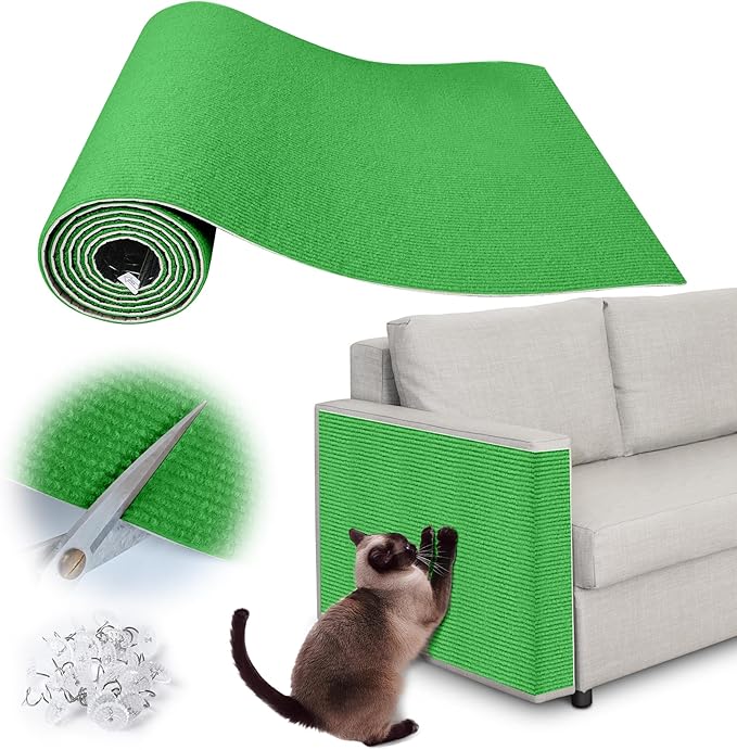 Cat Scratch Furniture Protector - 138" x 17" Trimmable Self-Adhesive Cats Claws Scratch Pads, DIY Cat Climbing Couch Protector for Scratch Post Cat Tree Replacement Indoor (Green)