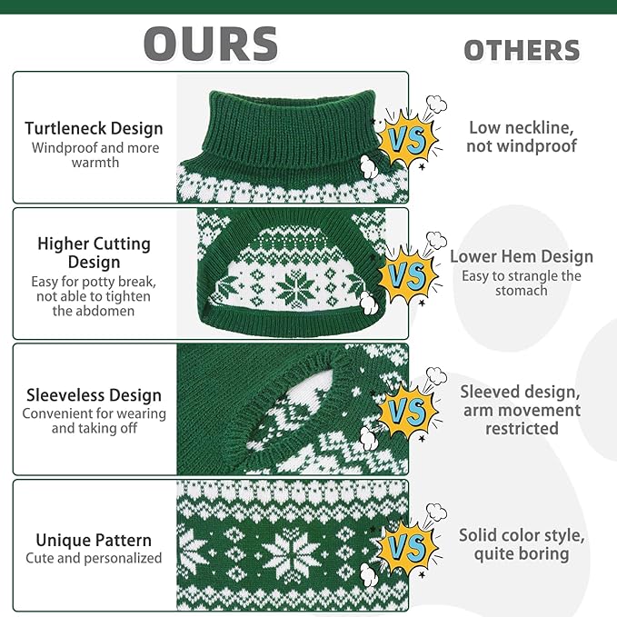KOOLTAIL Cable Knit Dog Sweater Turtleneck, Cold Weather Pullover Classic Knitwear, Snowflake Pattern Thick Warm Winter Pet Clothes, Dog Christmas Sweater for Small Medium Large Dogs Cats,Green ML