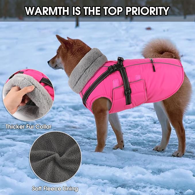 PETDSH Dog Coat Large, Built-in Harness Dog Jacket with Warm Fleece Lining, Waterproof Reflective Dogs Winter Coat, Pet Coats with Pocket and Trash Bags (Pink, X-Large)