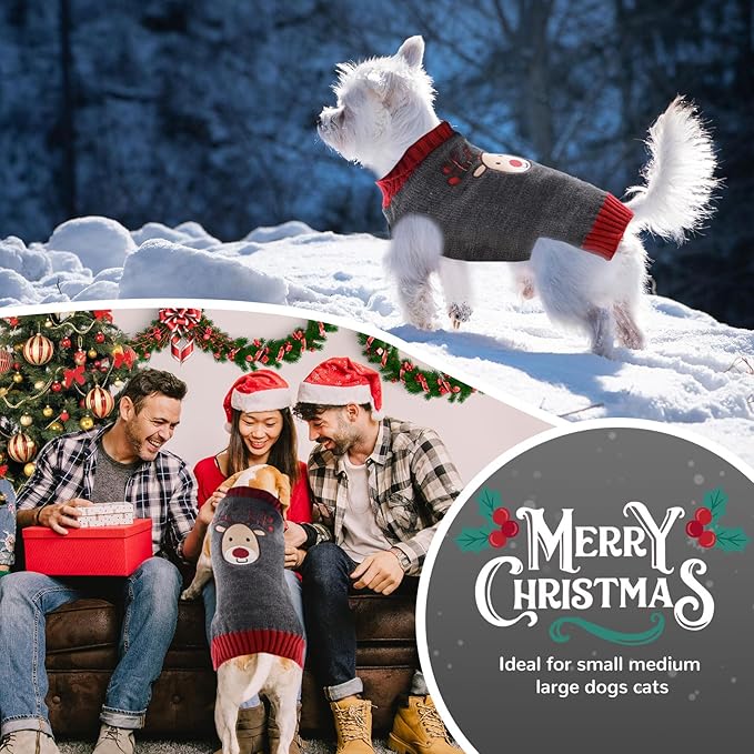 PETCARE Reindeer Christmas Dog Sweater Gray Cat Sweater Vest Cartoon Elk Pet Holiday Dog Clothes Puppy Sweaters for Small Medium Large Dogs Cats Fall Winter Outfits Xmas Dogs Costume,XX-Small